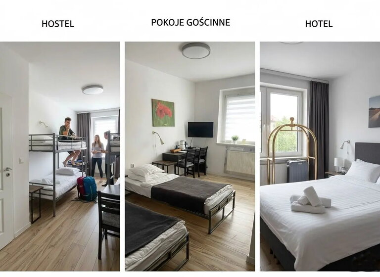 Comparison of three standards: hostel with bunk beds, guest room with twin beds, hotel room. Comparison of three standards: hostel with bunk beds, guest room with twin beds, hotel room.
