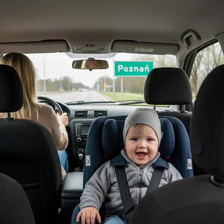 Smiling toddler in car seat driving into Poznań, road sign shows city name