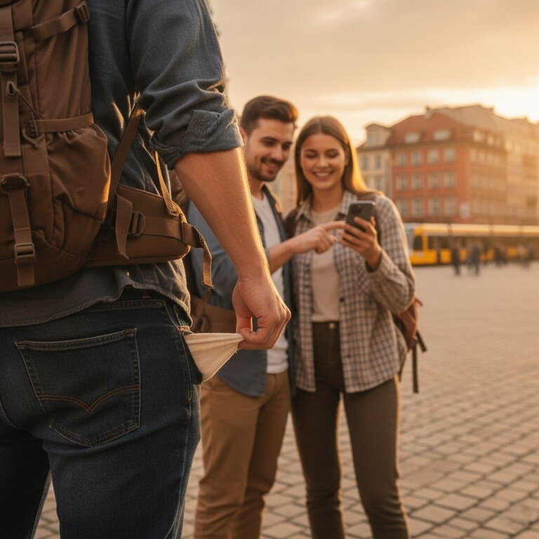 Backpacker shows empty pocket in Poznań Old Town, while a couple searches for budget lodging. Backpacker shows empty pocket in Poznań Old Town, while a couple searches for budget lodging.