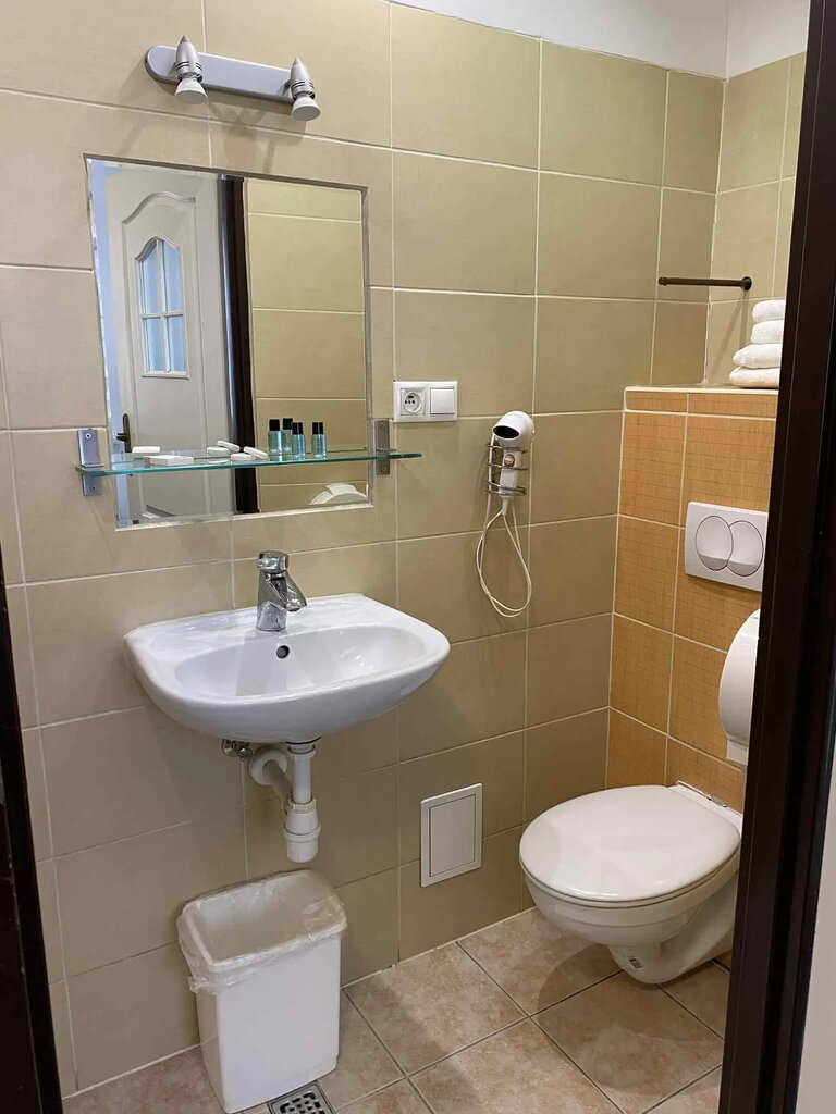 Bagno privato pulito con doccia, specchio e asciugamani alla pensione Nest PoznaĆ.